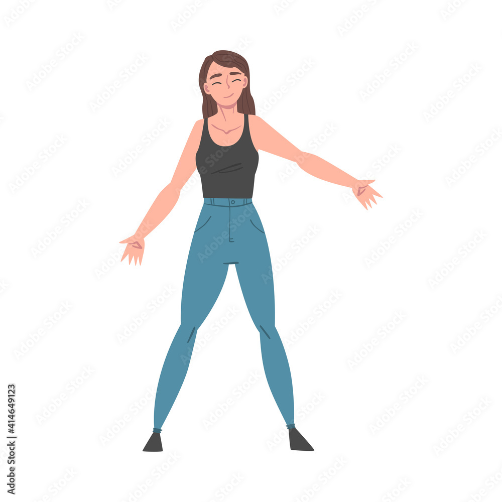 Girl Dressed Casual Clothes Standing with Wide Open Hands, Welcome, Solidarity, Friendship and Charity Concept Cartoon Style Vector Illustration