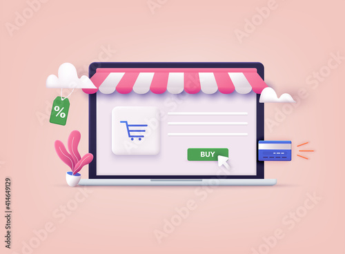 Online shopping.Design graphic elements, signs, symbols. Mobile marketing and digital marketing. 3D Web Vector Illustrations.