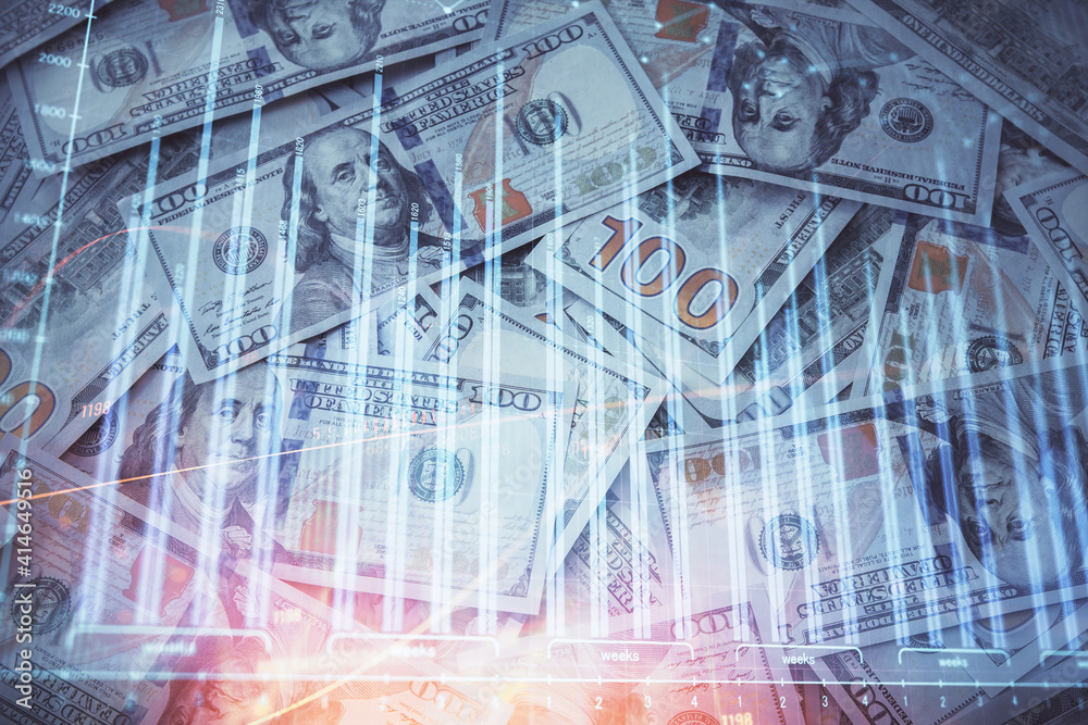 Double exposure of forex graph drawing over us dollars bill background. Concept of financial markets. Double exposure of forex graph drawing over us dollars bill background. Concept of financial markets.