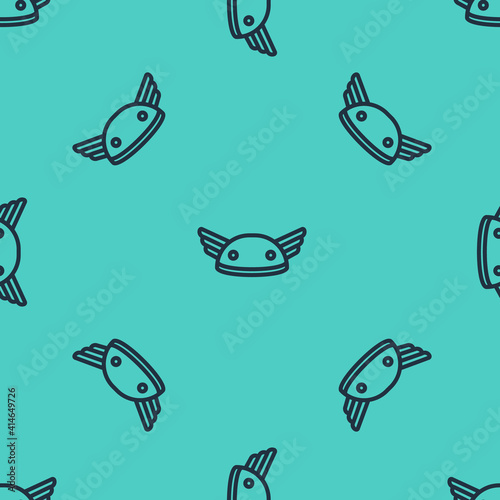 Black line Helmet with wings icon isolated seamless pattern on green background. Greek god Hermes. Vector.