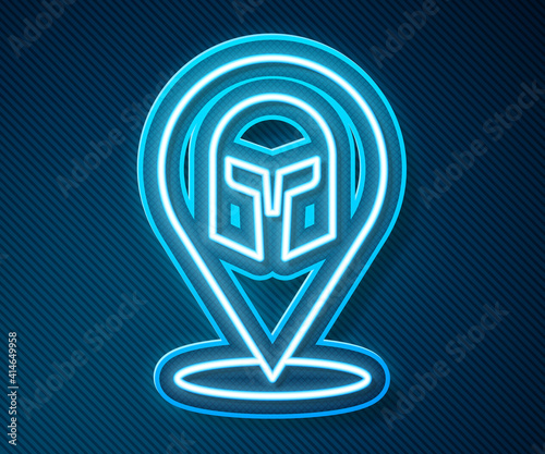 Glowing neon line Greek helmet icon isolated on blue background. Antiques helmet for head protection soldiers with a crest of feathers or horsehair. Vector.