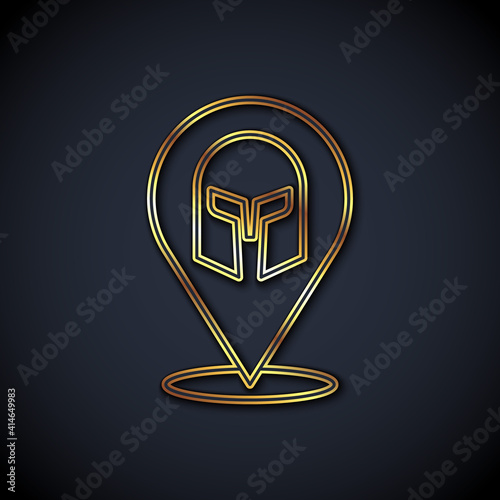 Gold line Greek helmet icon isolated on black background. Antiques helmet for head protection soldiers with a crest of feathers or horsehair. Vector.