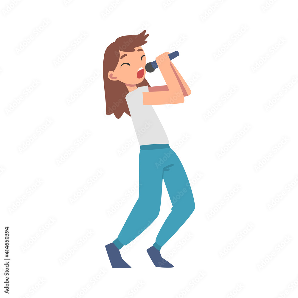 Cute Teenage Girl Singing with Microphone Cartoon Style Vector Illustration Cute Teenage Girl Singing with Microphone Cartoon Style Vector Illustration