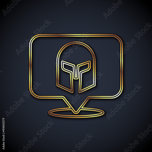 Gold line Greek helmet icon isolated on black background. Antiques helmet for head protection soldiers with a crest of feathers or horsehair. Vector.