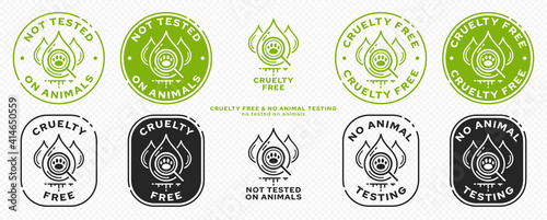 Concept for product packaging. Marking - cruelty free and not tested on animals. Animal test drops symbol with magnifying glass and animal footprint - as a symbol of freedom from testing. Vector set.