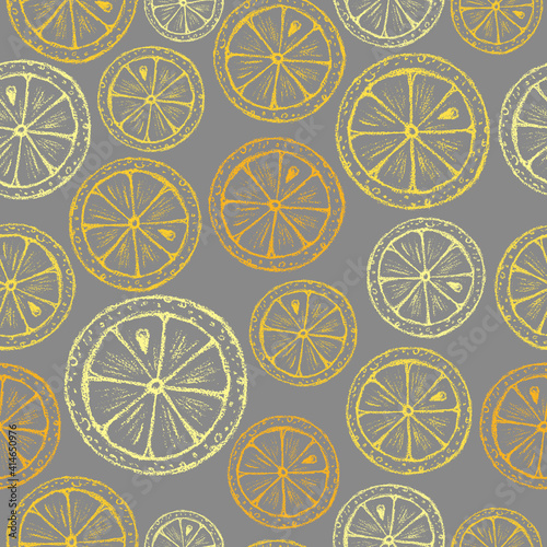 Chalk Citrus slice pattern. Hand drawn wax crayons art on black background. Chalk style lemon slice, lime. Isolated  crayon  drawing citrus. Freehand Pastel sketch fruit print. Citrus fabric texture.