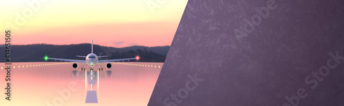 A passenger plane on the runway at a pink sunset. The road is wet with reflection. A banner with an airbus and a purple copy space. Travel concept. 3D Render.