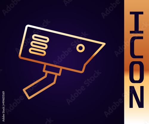 Gold line Security camera icon isolated on black background. Vector.