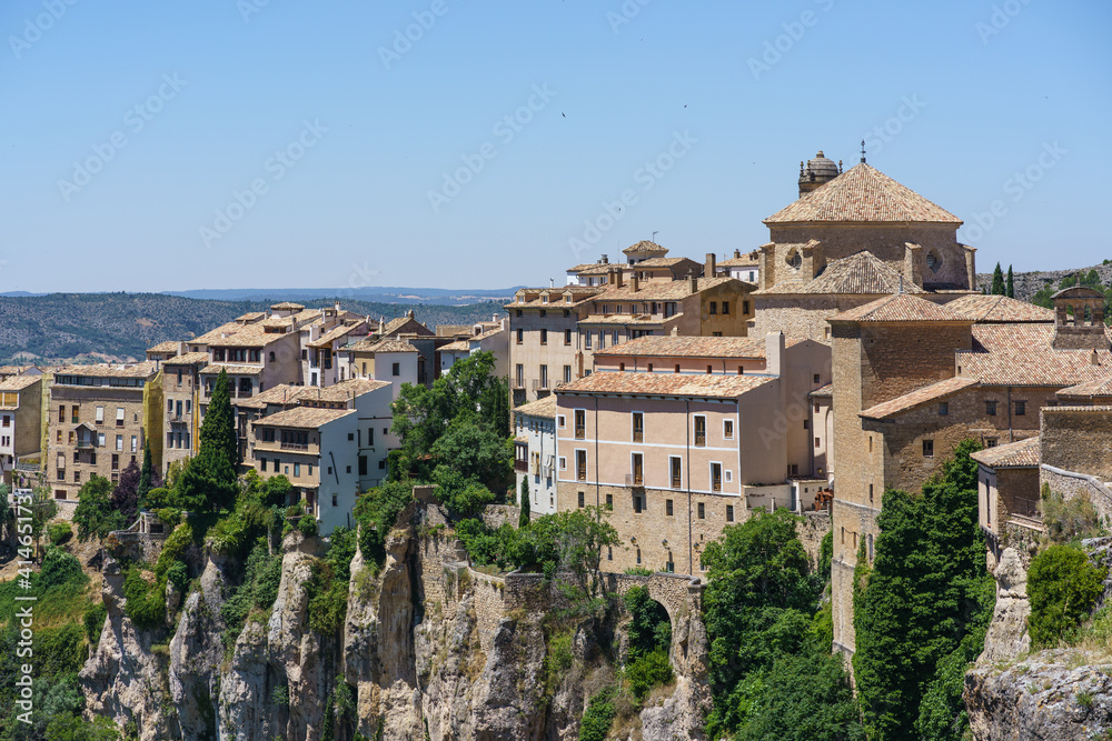 Cuenca (Castilla-La Mancha, Spain) skyline from the top of this UNESCO World Heritage Spanish city in a sunny day.  On the right side it is the Church of San Pedro