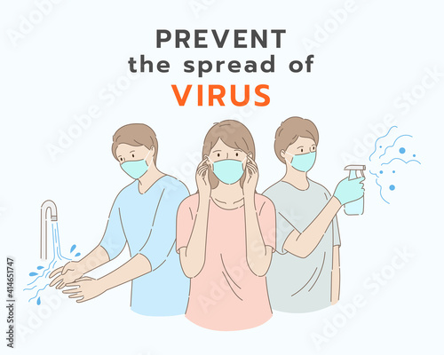 Group of people wash hands, wear medical masks and sanitizing with alcohol. Virus Covid-19 prevention concept. Global epidemic or pandemic. Hand draw style. Vector illustration.