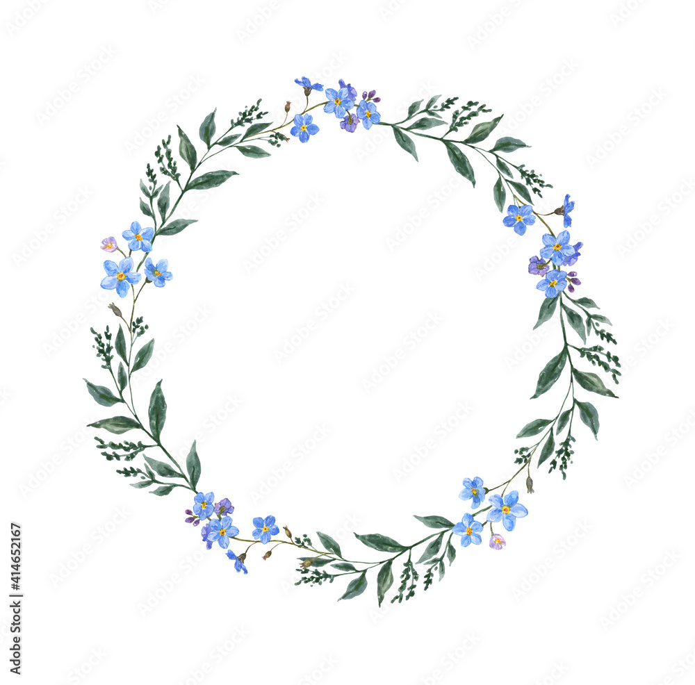 Elegant floral wreath illustration. Watercolor blue forget me not flowers and green leaves on white background. Botanical round frame. Hand painted graphic for wedding invites, baby shower, branding