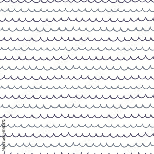 3D Fototapete Wellen - Fototapete Blue waves simple nautical seamless pattern on white background. Hand drawn vector illustration. Scandinavian style line drawing. Design concept for kids fashion print, textile, wallpaper, packaging.