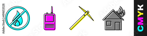Set No fire, Walkie talkie, Pickaxe and Fire in burning house icon. Vector.