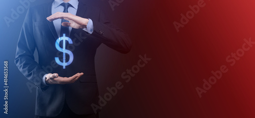 Successful international financial symbol sinvestment concept with businessman man person hold showing growth, charts and dollar sign, digital technology