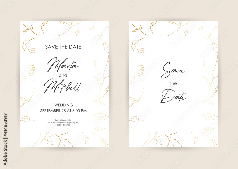Obraz premium Wedding Invitation with Gold Flowers and gold geometric line design. Cover design with an ornament of golden leaves. vector eps10