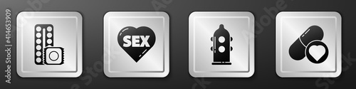 Set Birth control pills and condom, Heart with text Sex, Condom and Pills for potency, aphrodisiac icon. Silver square button. Vector.