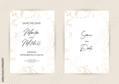 Wedding Invitation with Gold Flowers and gold geometric line design. Cover design with an ornament of golden leaves. vector eps10