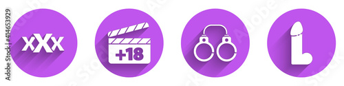 Set Sex shop, Movie clapper with 18 plus content, Sexy fluffy handcuffs and Dildo vibrator icon with long shadow. Vector.