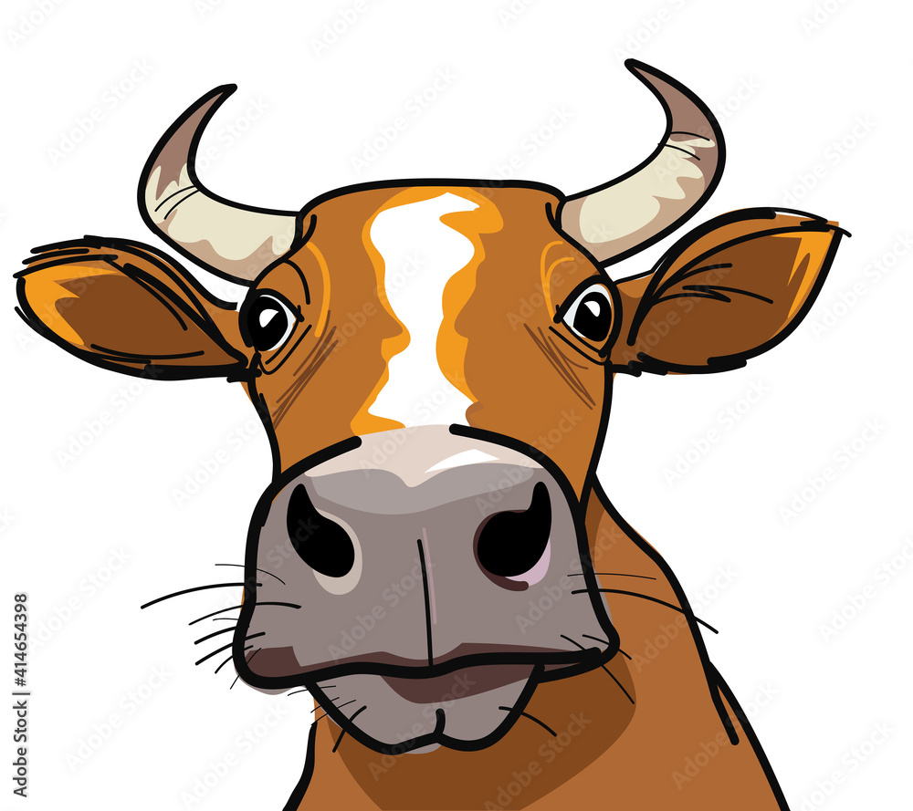 Farm, curious cow with horns watching you vector image, cartoon