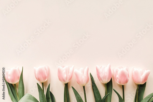 Fototapeta Naklejka Na Ścianę i Meble -  Border of pink tulips on beige background with copy space. Spring holiday concept.