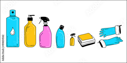 Various hand drawn detergents and bottles with soap.Washing supplies for floor,windows and dust removing.Cleaning service.Vector doodle style items.Special gum gloves for purifying.