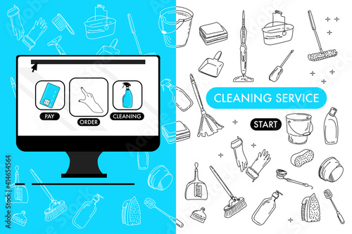 Computer with cleaning service website.Washing supplies for floor,windows and dust removing.Find and order scrubwoman through internet.Vector doodle style items.Brushes,mops for purifying