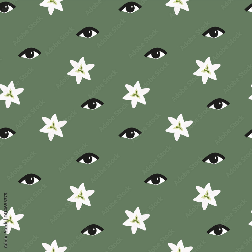 Fashion pattern of women's eyes and white lily flowers on a green background Fashion pattern of women's eyes and white lily flowers on a green background
