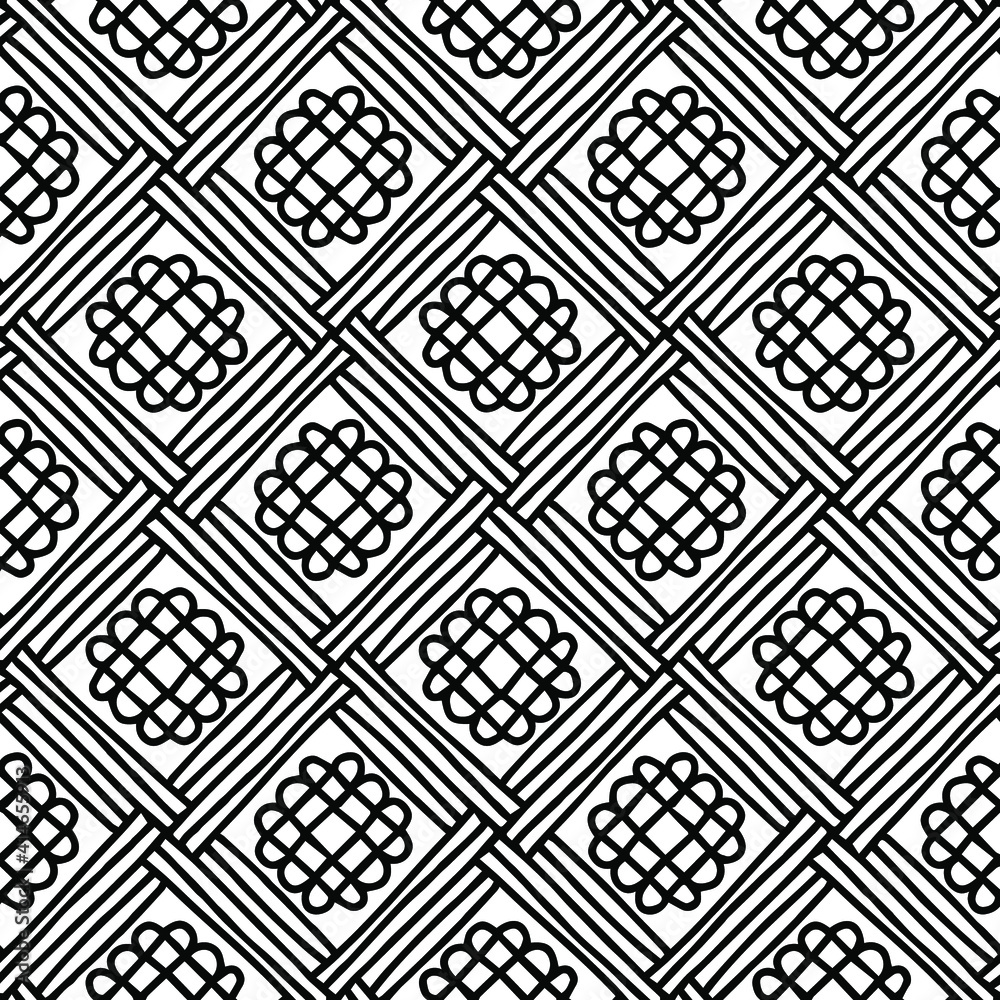 seamless mosaic with linear geometric figures drawn on a white background for coloring, vector
