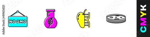 Set No GMO, Test tube and flask, Genetically modified apple and Petri dish with bacteria icon. Vector.