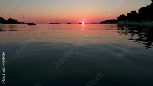 Aerial view of Rovinj beach during sunset, Croatia.