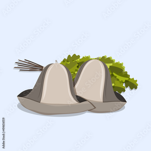 Sauna accessories. Oak broom, hats for bath vector illustration. 