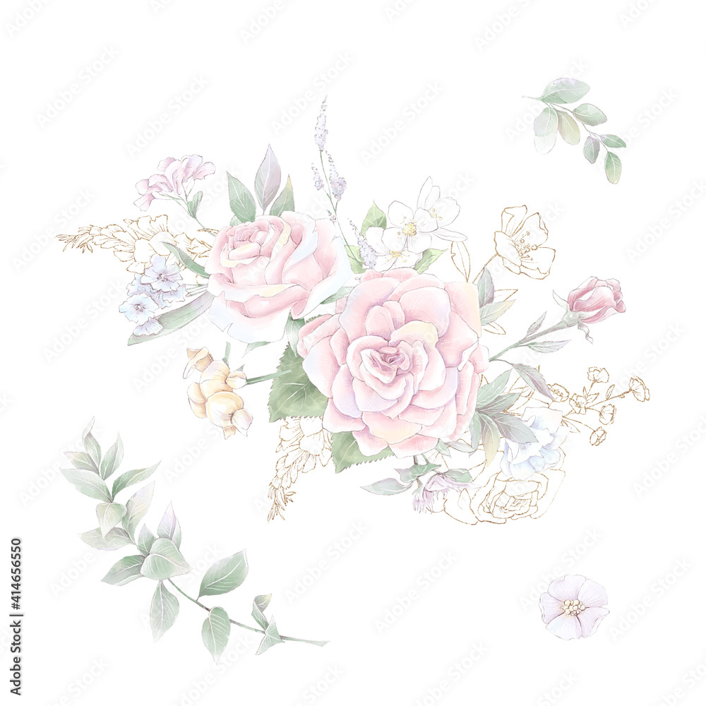 A set of bouquet of delicate roses and orchids. Watercolor illustration