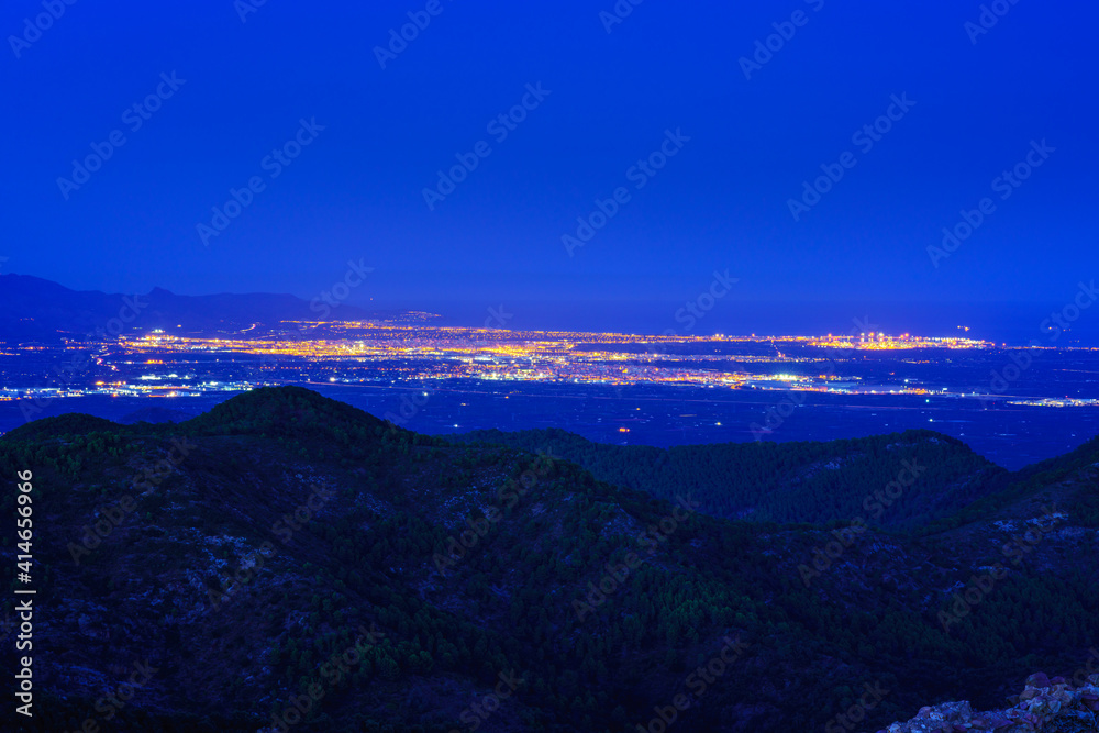 High angle view of the La Plana Region at blue hour.