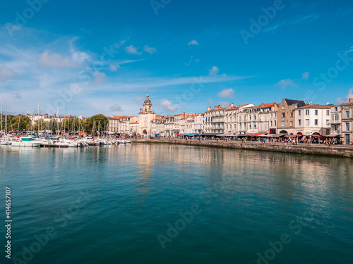 La Rochelle  France.  View of  vieux port  in La Rochelle. Famous summer destination for French people. In the background the  Tour de l Horloge 