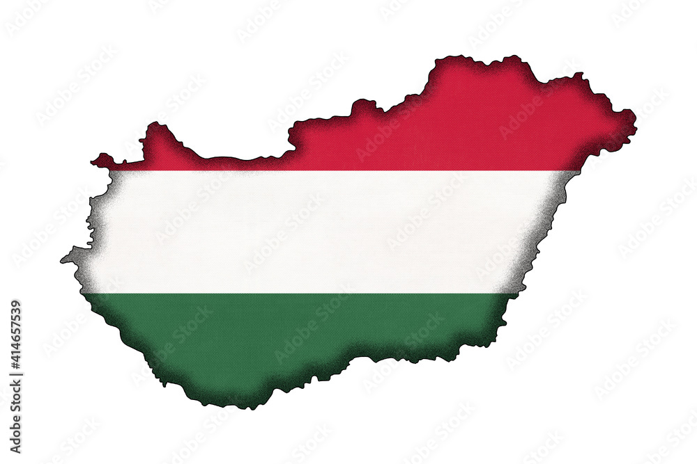 Obraz premium Hungary border silhouette with national flag. Contour country on geography map.