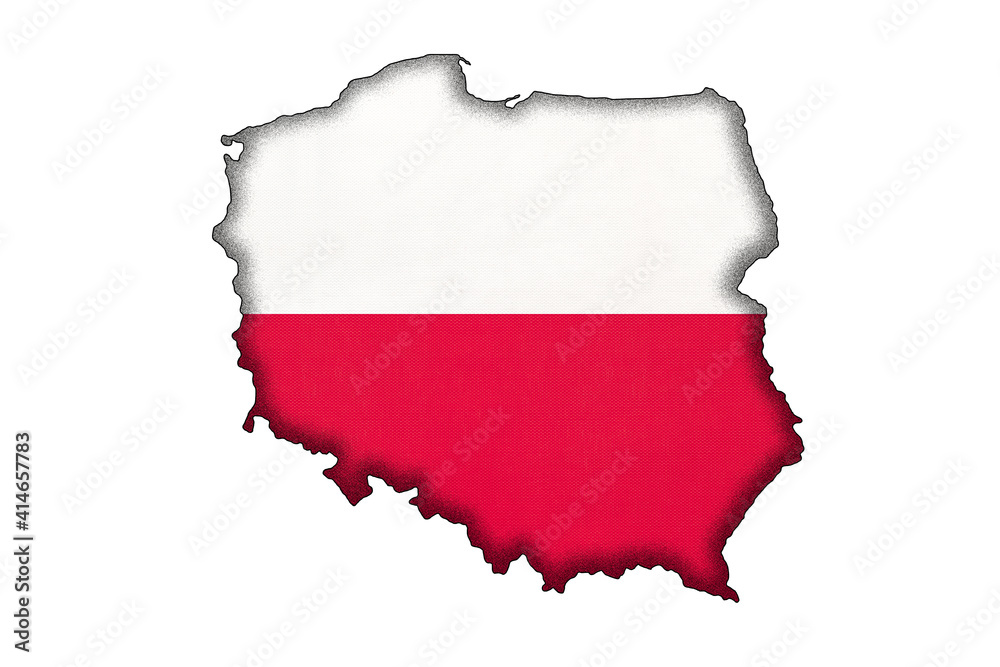 Fototapeta Polska granica sylwetka z flagą narodową. Kontur kraju na mapie geograficznej.