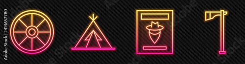 Set line Wanted western poster, Old wooden wheel, Indian teepee or wigwam and Tomahawk axe. Glowing neon icon. Vector.