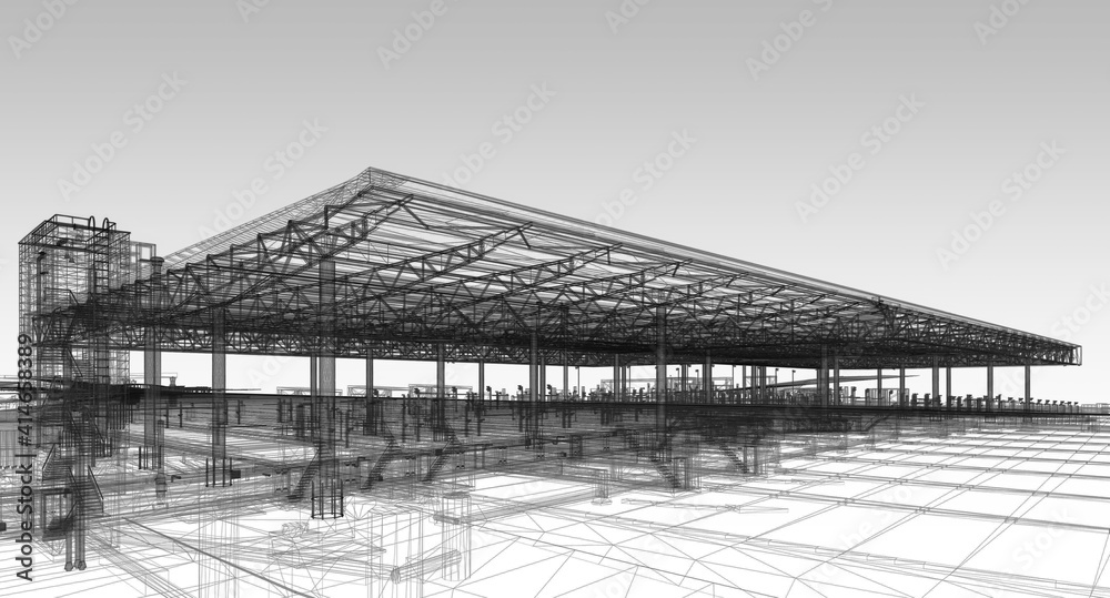 View of BIM model of the building at wareframe mode