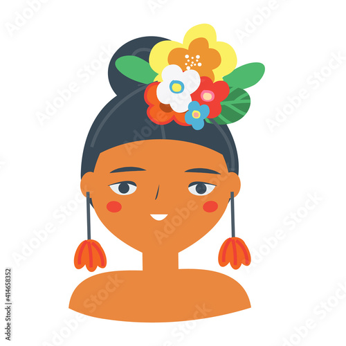 Beautiful woman with tropic flowers in hair. smiling female. Cartoon mexican girl vector illustration