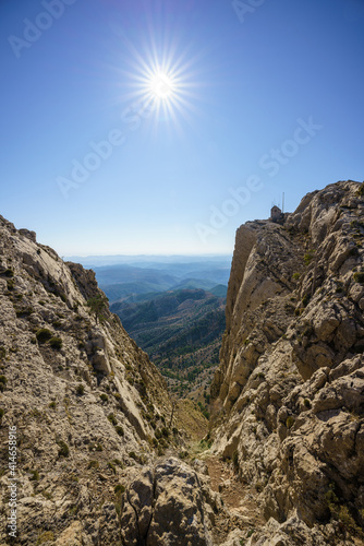 Penyagolosa, emblematic rocky peak in Valencia, Spain. Famous landmark for hikers. photo