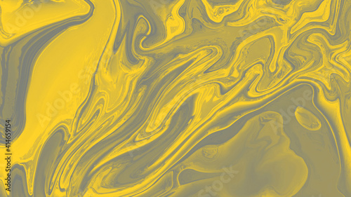 Fluid marbled texture. Modern background with splash paint. Liquid ink alcohol yellow and gray waves design. Trendy colors of 2021.