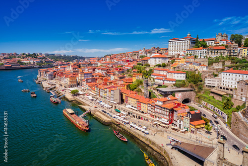 Porto  Portugal. Cityscape. Bairro da Ribeira  iconic neighbourhood seen from high angle on sunlight.