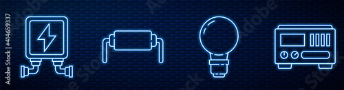 Set line Light bulb with concept of idea, Electric transformer, Resistor electricity and Electrical measuring instruments. Glowing neon icon on brick wall. Vector.