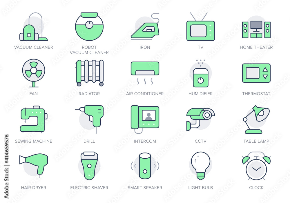 Electronic appliance simple line icons. Vector illustration with minimal icon - intercom, robot vacuum cleaner, security cctv, fan, radiator, split system. Green Color. Editable Stroke Electronic appliance simple line icons. Vector illustration with minimal icon - intercom, robot vacuum cleaner, security cctv, fan, radiator, split system. Green Color. Editable Stroke