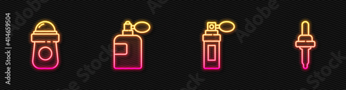 Set line Perfume, Antiperspirant deodorant roll, and Pipette. Glowing neon icon. Vector.