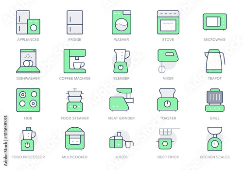 Electronic kitchen devices simple line icons. Vector illustration with minimal icon - fridge, dishwasher, oven, toaster, steam cooker, kettle, multicooker, hob. Green Color. Editable Stroke