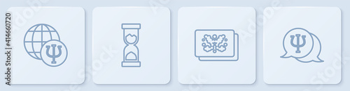 Set line Psychology, Psi, Rorschach test, Old hourglass and . White square button. Vector.