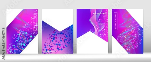 Modern Covers Set. Big Data Neon Tech Background. Blue Pink Purple Cyber Vector Cover