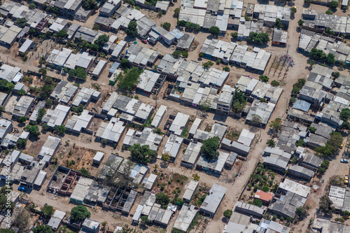 Aerial view of the urban layout of a slum in the Caribbean city of Santa Marta, Colombia.
