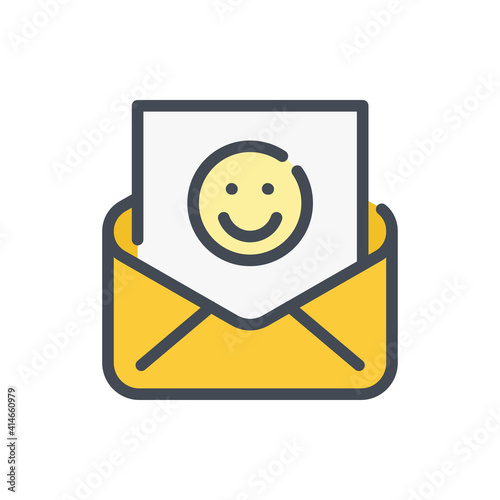 Mail with happy face color line icon. Email notification with positive information vector outline colorful sign.